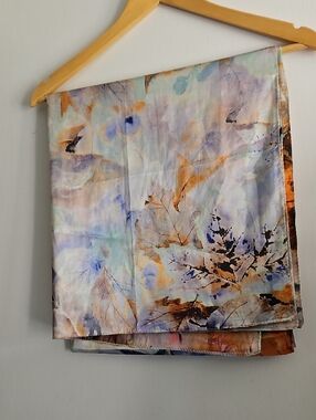 100%⁴tSilk Unknown Maker Floral Watercolor Scarf in Blue, Purple, Tan 62 X 27.5